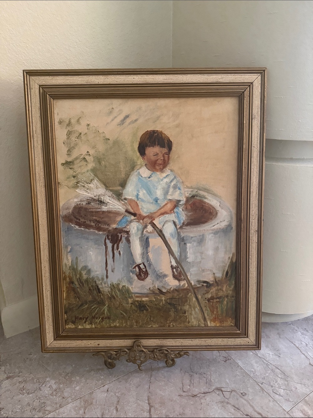 Vintage Framed Art Painting Child with Water Hose Signed
